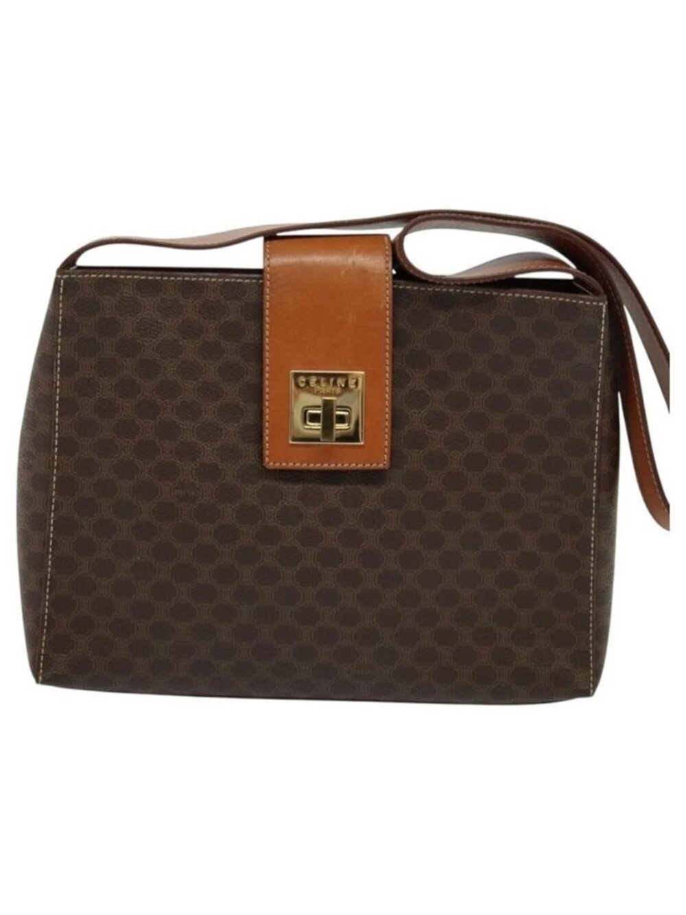 Authentic CELINE Macadam Canvas Shoulder Bag PVC Leather Brown Gold - Picture 10 of 16
